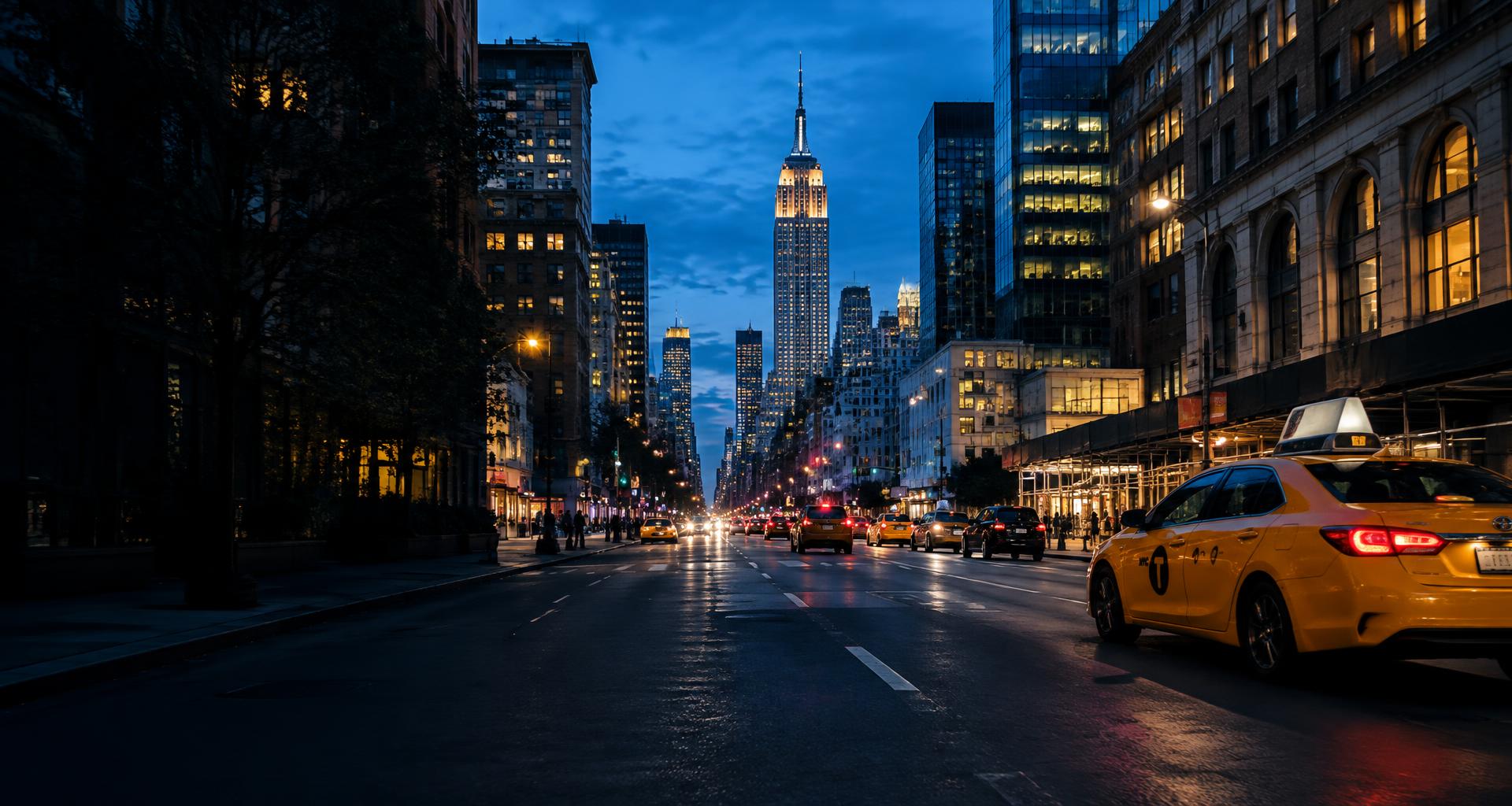 New York City street and yellow taxi beneath the Manhattan skyline